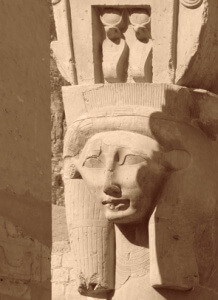 Detail of a Hathor sculpture made of stone in Egypt
